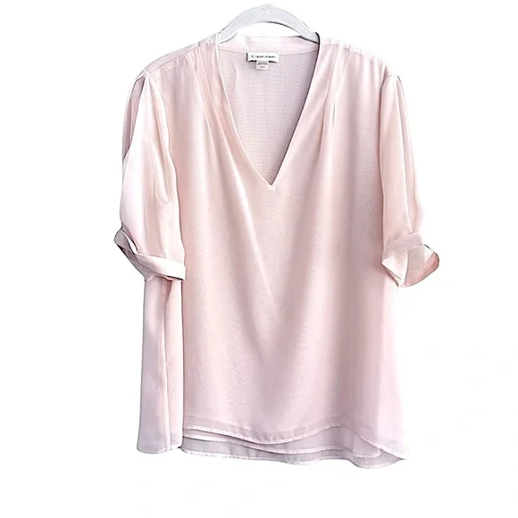 Calvin Klein Short Sleeve Chiffon Blouse V-neck Pale Pink Size L - Picture 1 of 9